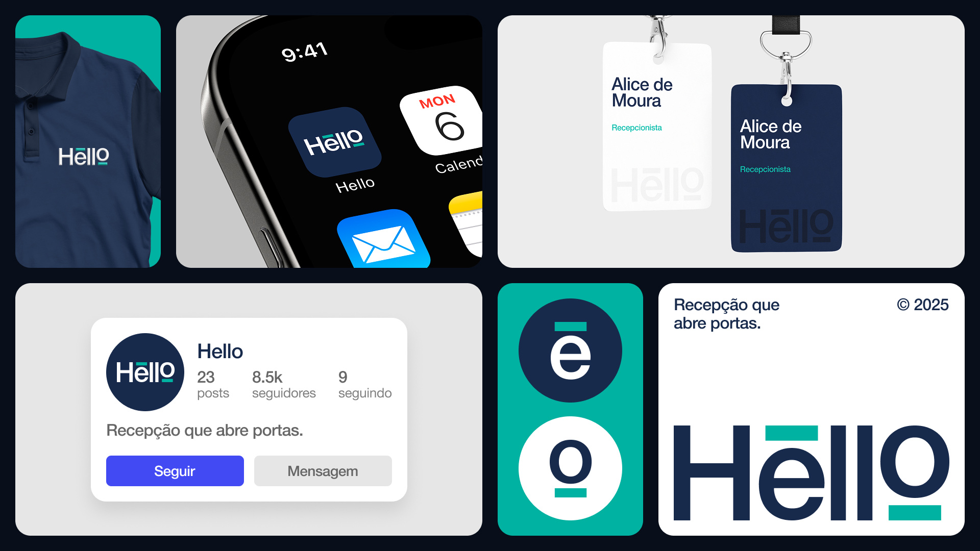 Aplicações em uniforme, crachás, aplicativo e perfil de rede social