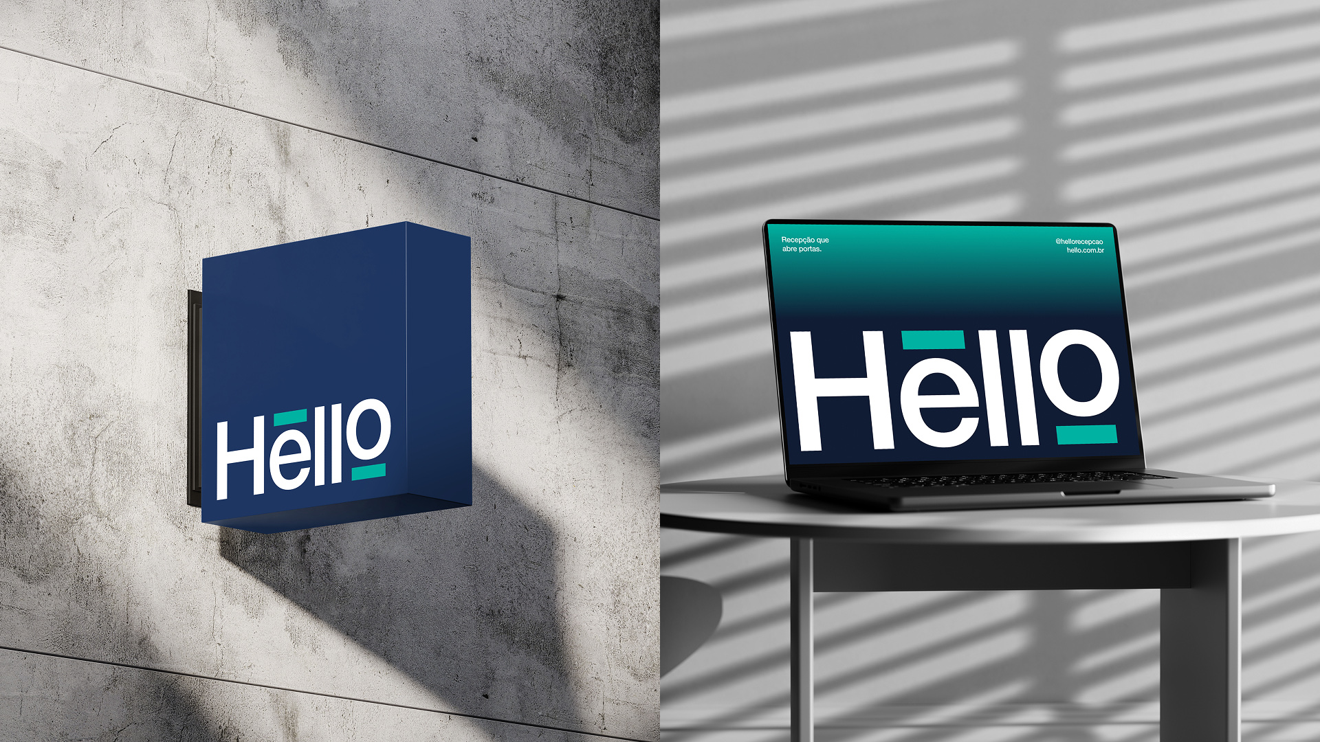 Placa de parede e notebook com o logotipo Hello
