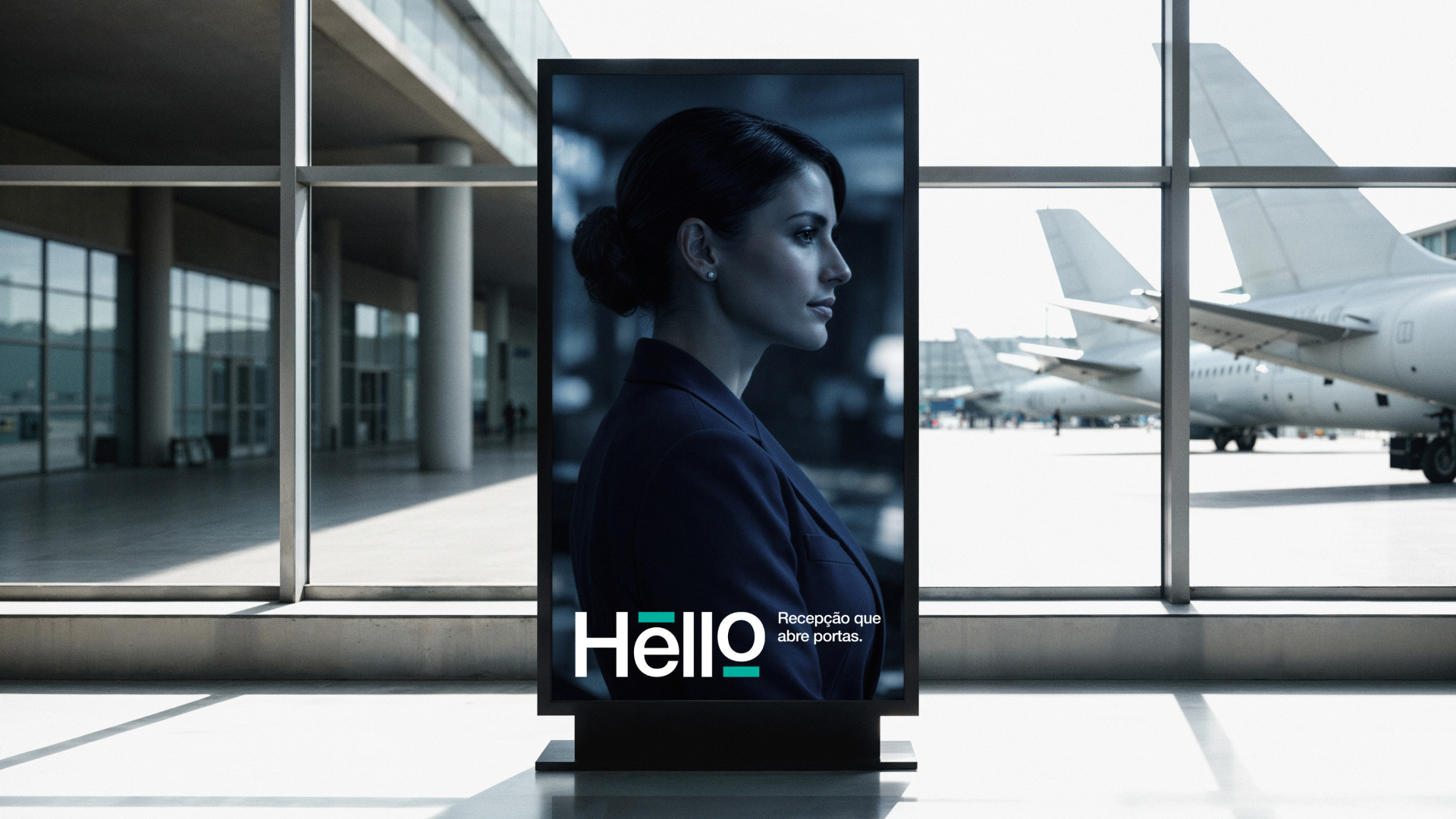Totem com anúncio da Hello no terminal de um aeroporto